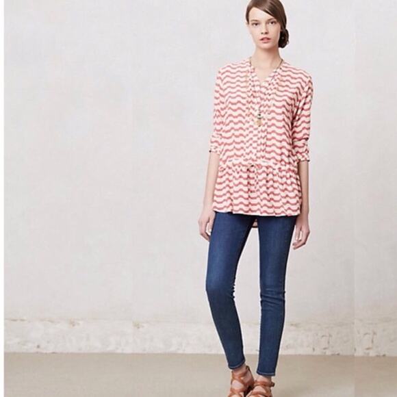 Anthropologie Isabella Sinclair Top Tunic Swizzle Stripe Boho Red Cream Size S - Picture 1 of 11